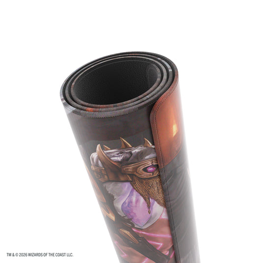 Magic: The Gathering | Reality Fracture Shiny Playmat - Garruk of the Veil/Garruk Uncursed - View of rolled up playmat and stitching on edges of playmat.