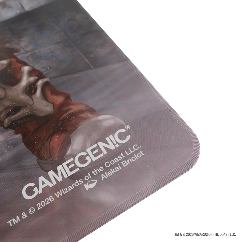 Load image into Gallery viewer, Magic: The Gathering | Reality Fracture Shiny Playmat - Garruk of the Veil/Garruk Uncursed - Close up view of Gamegenic branding in corner of playmat.
