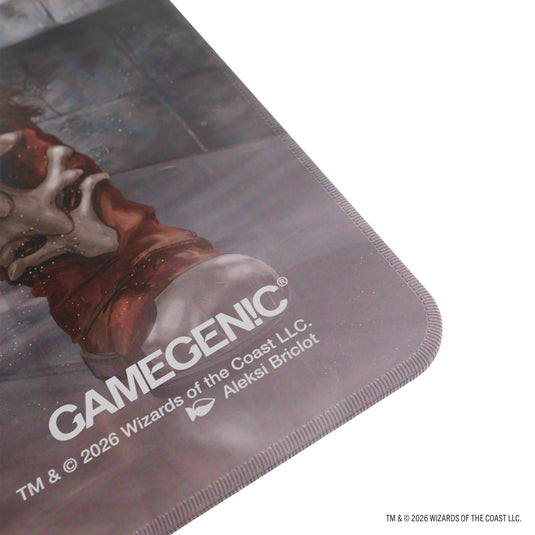 Magic: The Gathering | Reality Fracture Shiny Playmat - Garruk of the Veil/Garruk Uncursed - Close up view of Gamegenic branding in corner of playmat.