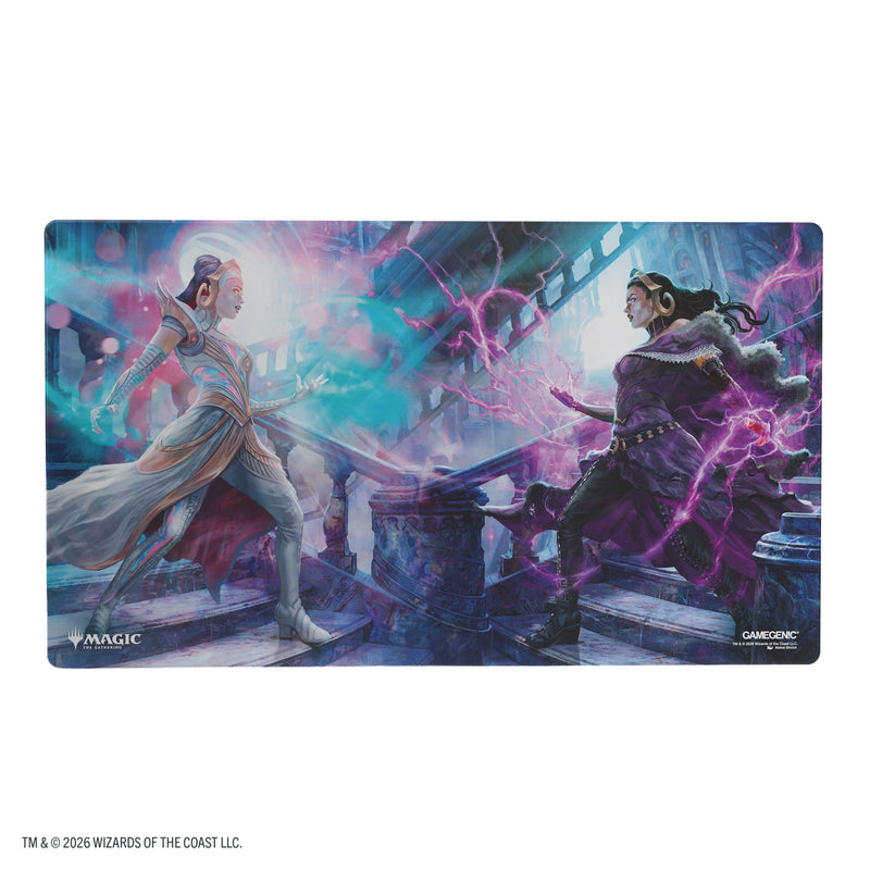 Load image into Gallery viewer, Magic: The Gathering | Reality Fracture Shiny Playmat - Liliana, Devoted Healer/Liliana, Callous Necromancer - View of front of playmat featuring art of two Magic the Gathering characters.
