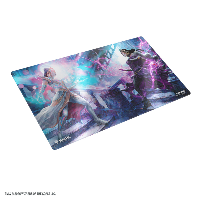 Load image into Gallery viewer, Magic: The Gathering | Reality Fracture Shiny Playmat - Liliana, Devoted Healer/Liliana, Callous Necromancer - View of front of playmat featuring art of two Magic the Gathering characters.
