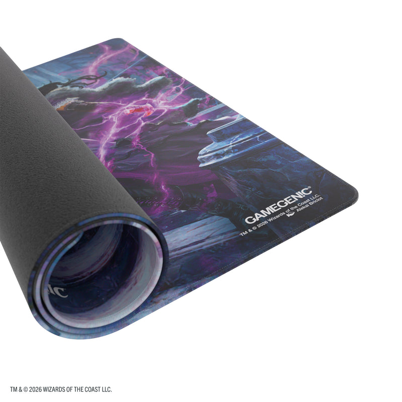 Load image into Gallery viewer, Magic: The Gathering | Reality Fracture Shiny Playmat - Liliana, Devoted Healer/Liliana, Callous Necromancer - View partially rolled up playmat with Gamegenic branding in the corner.
