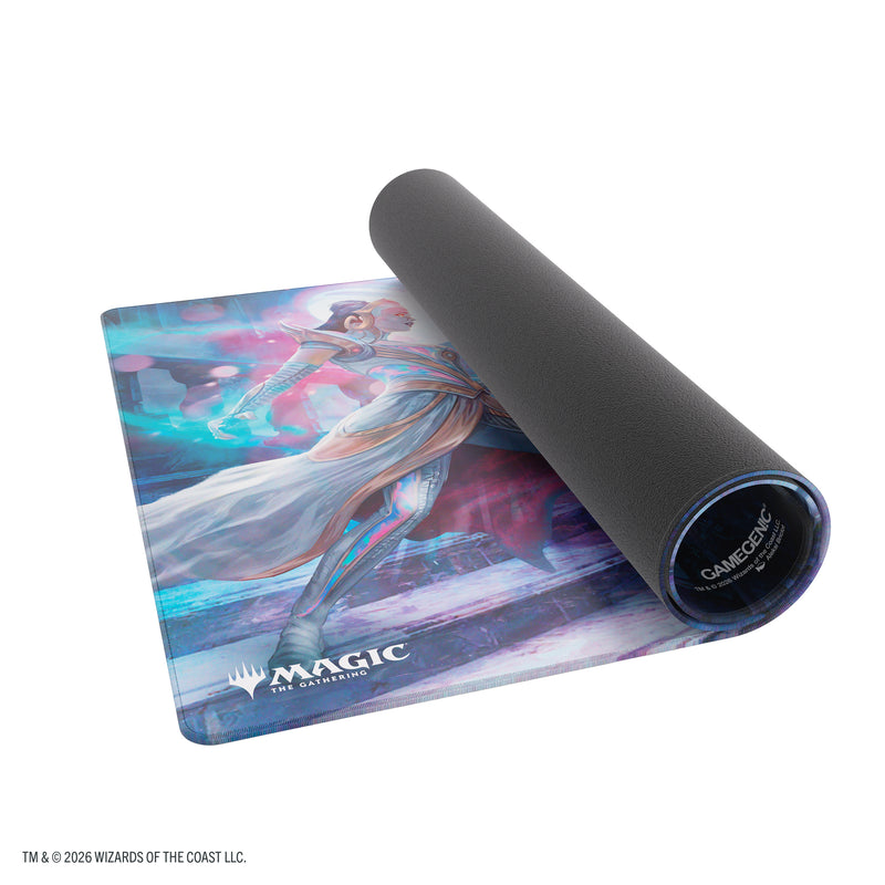 Load image into Gallery viewer, Magic: The Gathering | Reality Fracture Shiny Playmat - Liliana, Devoted Healer/Liliana, Callous Necromancer - View of partially rolled up playmat with Magic the Gathering branding in the corner.
