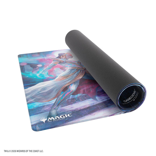 Magic: The Gathering | Reality Fracture Shiny Playmat - Liliana, Devoted Healer/Liliana, Callous Necromancer - View of partially rolled up playmat with Magic the Gathering branding in the corner.