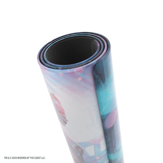 Magic: The Gathering | Reality Fracture Shiny Playmat - Liliana, Devoted Healer/Liliana, Callous Necromancer - View of rolled up playmat.