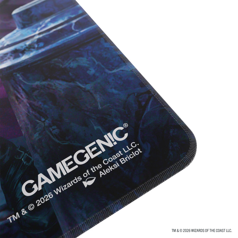 Load image into Gallery viewer, Magic: The Gathering | Reality Fracture Shiny Playmat - Liliana, Devoted Healer/Liliana, Callous Necromancer - Close up view of Gamegenic branding in corner of playmat.
