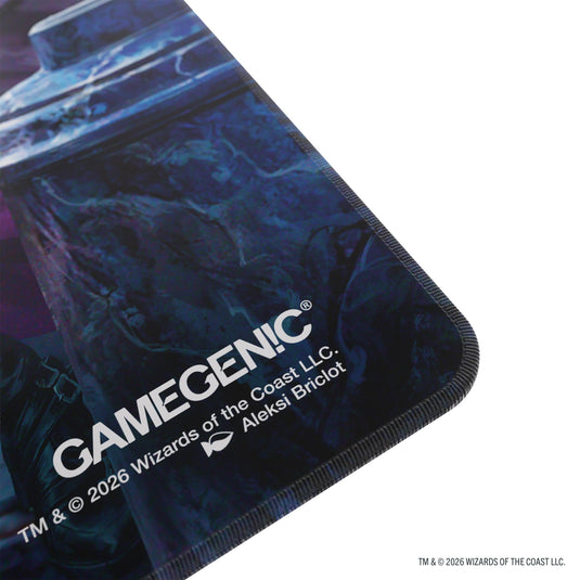 Magic: The Gathering | Reality Fracture Shiny Playmat - Liliana, Devoted Healer/Liliana, Callous Necromancer - Close up view of Gamegenic branding in corner of playmat.