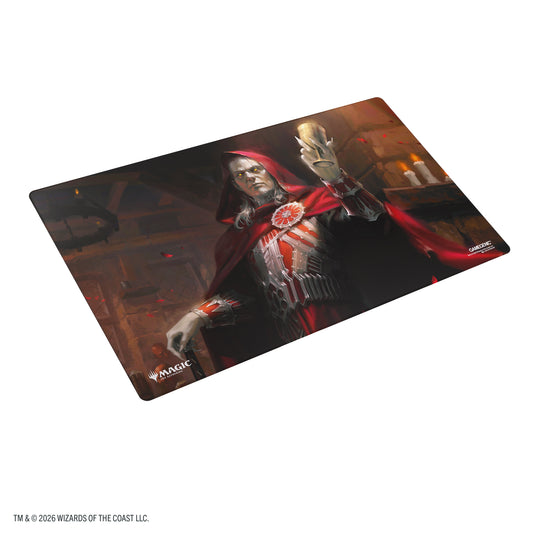 Magic: The Gathering | Reality Fracture Double-sided Playmat - Edgar, Ancient Bloodlord/Edgar, Moonlit Sovereign - View of front of playmat featuring art of a Magic the Gathering character in a red cape holding up a goblet. 