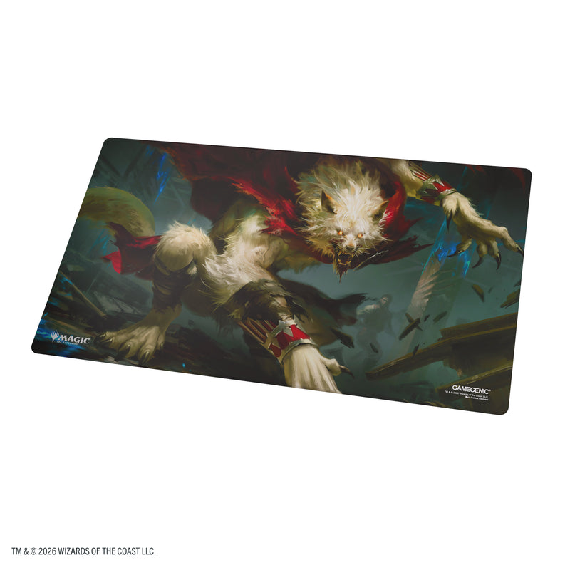 Load image into Gallery viewer, Magic: The Gathering | Reality Fracture Double-sided Playmat - Edgar, Ancient Bloodlord/Edgar, Moonlit Sovereign - View of reverse side of playmat with art of a werewolf in a red cape.
