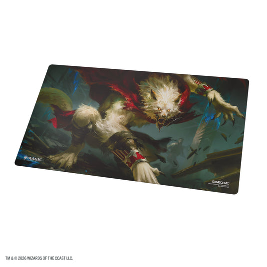 Magic: The Gathering | Reality Fracture Double-sided Playmat - Edgar, Ancient Bloodlord/Edgar, Moonlit Sovereign - View of reverse side of playmat with art of a werewolf in a red cape.