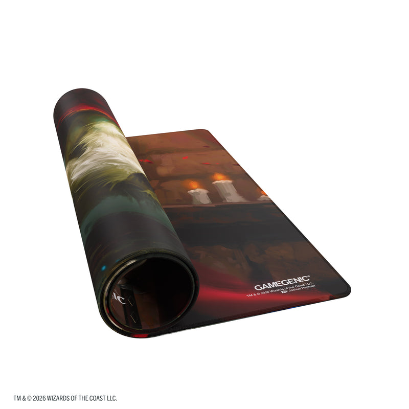 Load image into Gallery viewer, Magic: The Gathering | Reality Fracture Double-sided Playmat - Edgar, Ancient Bloodlord/Edgar, Moonlit Sovereign - View of partially rolled up playmat with Gamegenic branding in the corner.
