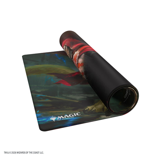 Magic: The Gathering | Reality Fracture Double-sided Playmat - Edgar, Ancient Bloodlord/Edgar, Moonlit Sovereign - View of partially rolled up playmat with Magic the Gathering branding in the corner.
