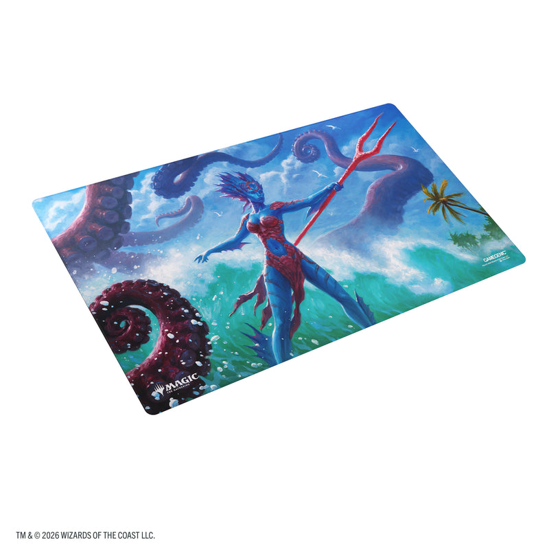 Load image into Gallery viewer, Magic: The Gathering | Reality Fracture Double-sided Playmat - Kiora of Salt and Sand/Kiora of Fire - View of front of playmat featuring art of Magic the Gathering character standing by the ocean.
