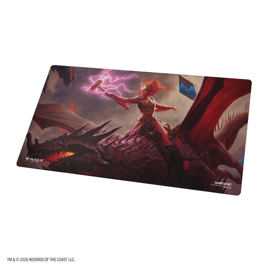 Magic: The Gathering | Reality Fracture Double-sided Playmat - Kiora of Salt and Sand/Kiora of Fire - View of reverse side of playmat featuring art of Magic the Gathering character on a dragon.