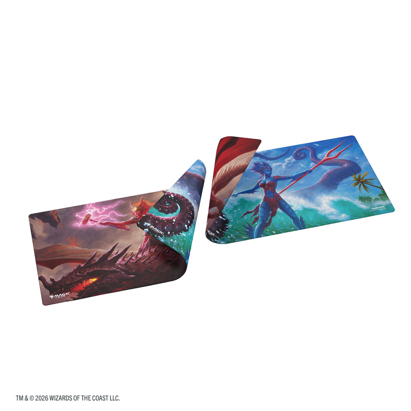 Load image into Gallery viewer, Magic: The Gathering | Reality Fracture Double-sided Playmat - Kiora of Salt and Sand/Kiora of Fire - View of both sides of playmat featuring art of Magic the Gathering characters.
