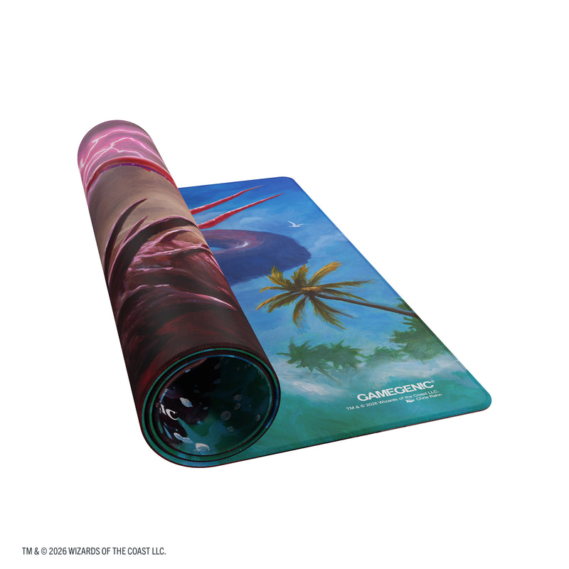 Load image into Gallery viewer, Magic: The Gathering | Reality Fracture Double-sided Playmat - Kiora of Salt and Sand/Kiora of Fire - View of partially rolled up playmat with Gamegenic branding in the corner.
