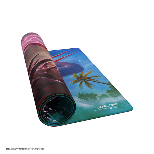 Magic: The Gathering | Reality Fracture Double-sided Playmat - Kiora of Salt and Sand/Kiora of Fire - View of partially rolled up playmat with Gamegenic branding in the corner.