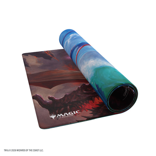 Magic: The Gathering | Reality Fracture Double-sided Playmat - Kiora of Salt and Sand/Kiora of Fire - View of partially rolled up playmat with Magic the Gathering branding in the corner.