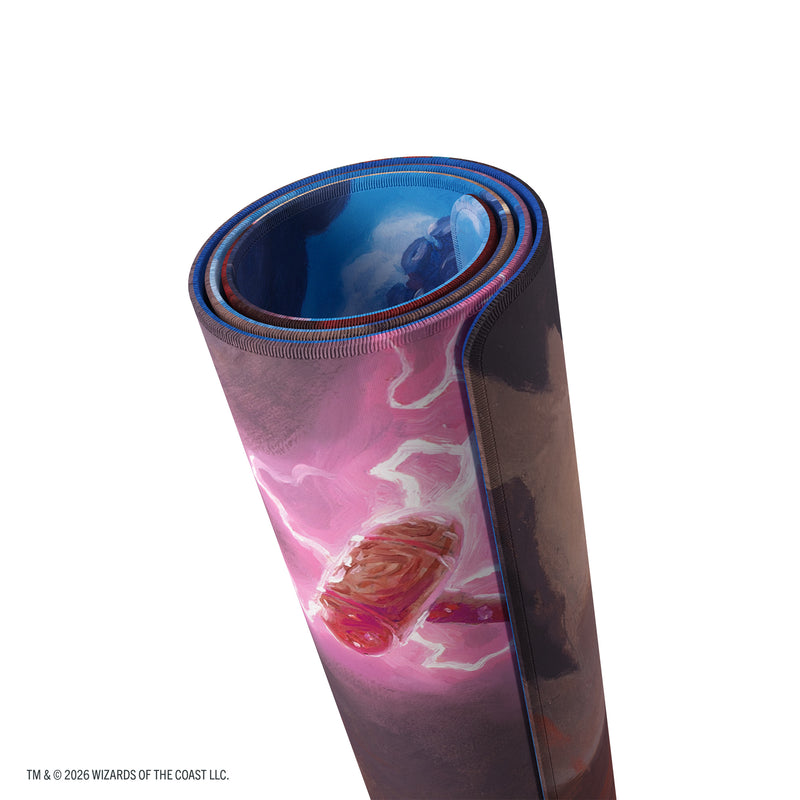 Load image into Gallery viewer, Magic: The Gathering | Reality Fracture Double-sided Playmat - Kiora of Salt and Sand/Kiora of Fire - View of rolled up playmat.
