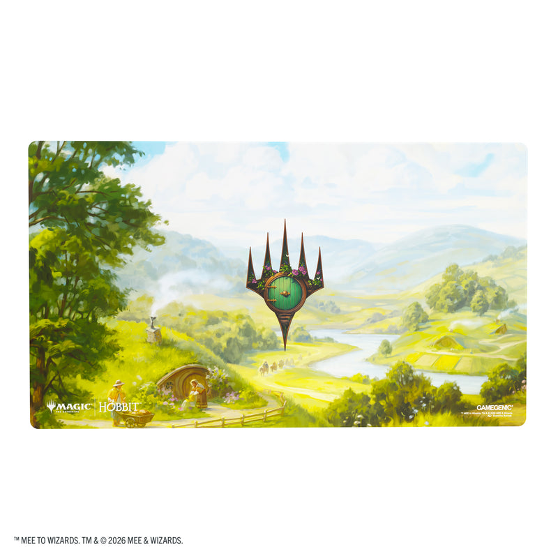 Load image into Gallery viewer, Magic: The Gathering | The Hobbit Prime Playmat - The Shire - View of playmat featuring art of The Shire and the Magic the Gathering logo. 
