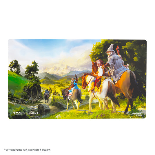 Magic: The Gathering | The Hobbit Prime Playmat - Leaving Hobbiton - View of front of playmat featuring art of Bilbo Baggins leaving Hobbiton. 