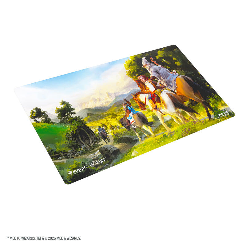 Load image into Gallery viewer, Magic: The Gathering | The Hobbit Prime Playmat - Leaving Hobbiton - View of front of playmat featuring art of Bilbo Baggins leaving Hobbiton. 
