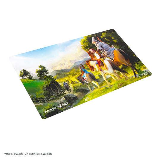 Magic: The Gathering | The Hobbit Prime Playmat - Leaving Hobbiton - View of front of playmat featuring art of Bilbo Baggins leaving Hobbiton. 