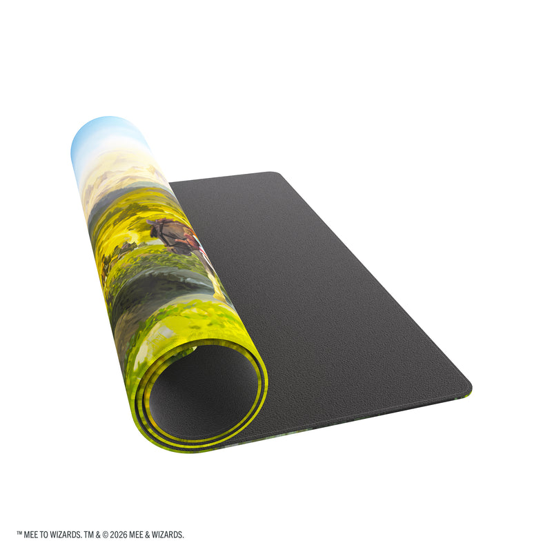 Load image into Gallery viewer, Magic: The Gathering | The Hobbit Prime Playmat - Leaving Hobbiton - View of partially rolled up game mat. 
