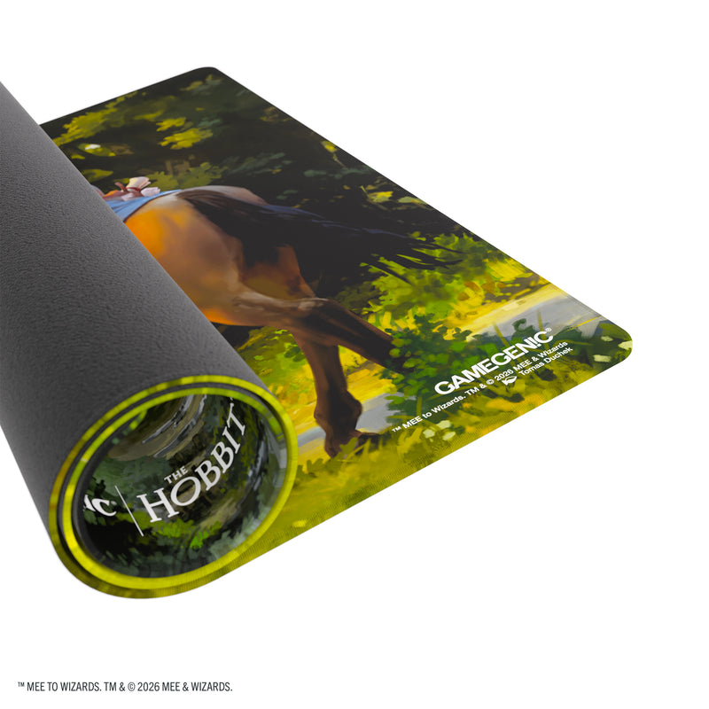 Load image into Gallery viewer, Magic: The Gathering | The Hobbit Prime Playmat - Leaving Hobbiton - View of partially rolled up game mat. 
