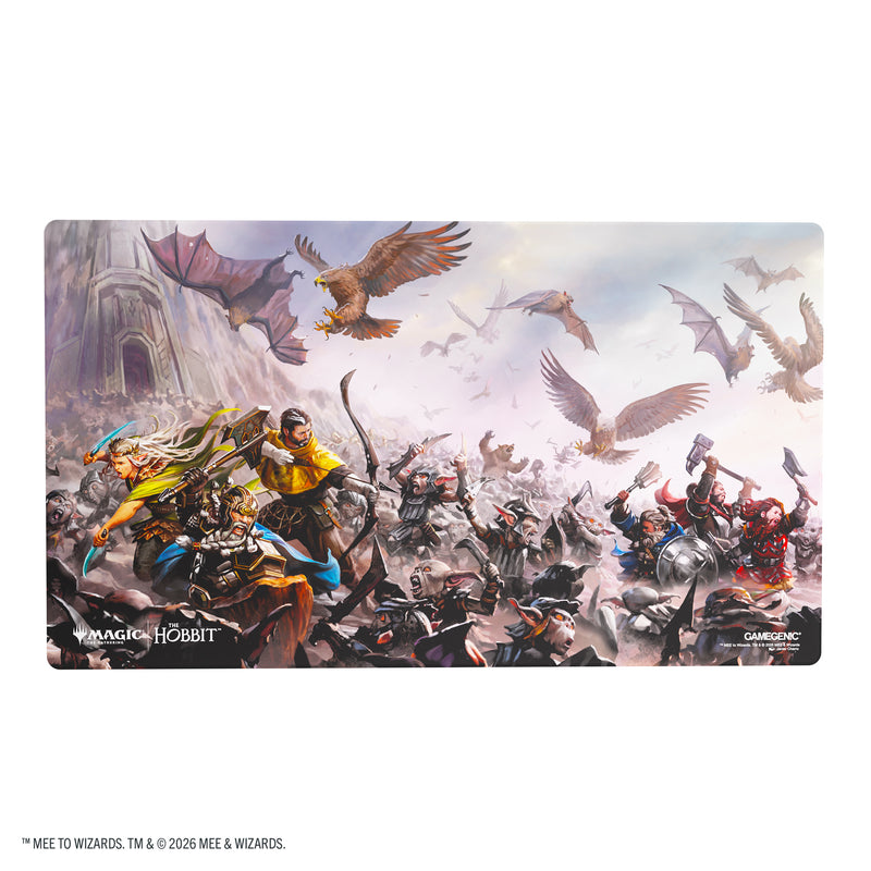 Load image into Gallery viewer, Magic: The Gathering | The Hobbit Prime Playmat - Battle of Five Armies - View of front of playmat featuring art of the Battle of Five Armies. 
