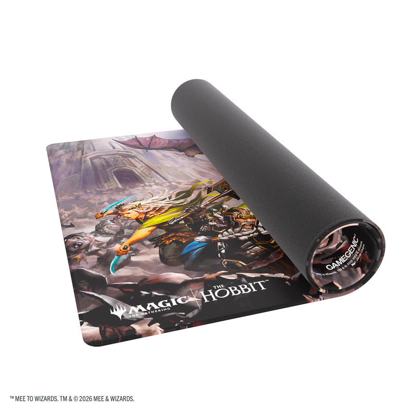 Load image into Gallery viewer, Magic: The Gathering | The Hobbit Prime Playmat - Battle of Five Armies - View of front of partially rolled up game mat. 
