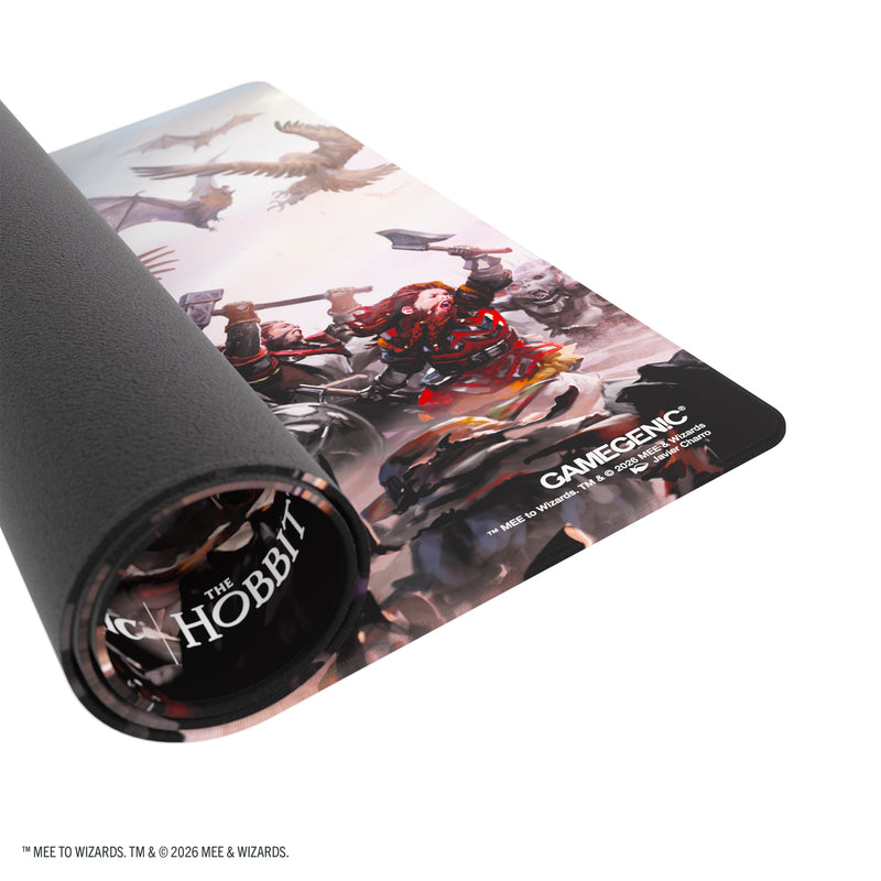 Load image into Gallery viewer, Magic: The Gathering | The Hobbit Prime Playmat - Battle of Five Armies - View of front of partially rolled up game mat. 
