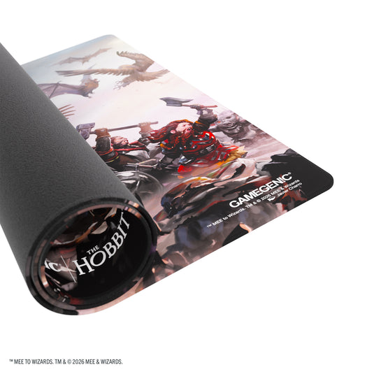 Magic: The Gathering | The Hobbit Prime Playmat - Battle of Five Armies - View of front of partially rolled up game mat. 
