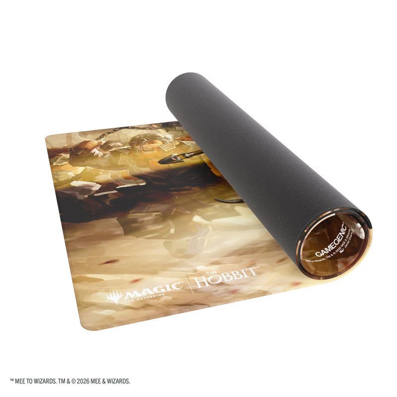 Load image into Gallery viewer, Magic: The Gathering | The Hobbit Prime Playmat - Thorin, Mountain-King - View of partially rolled up playmat. 
