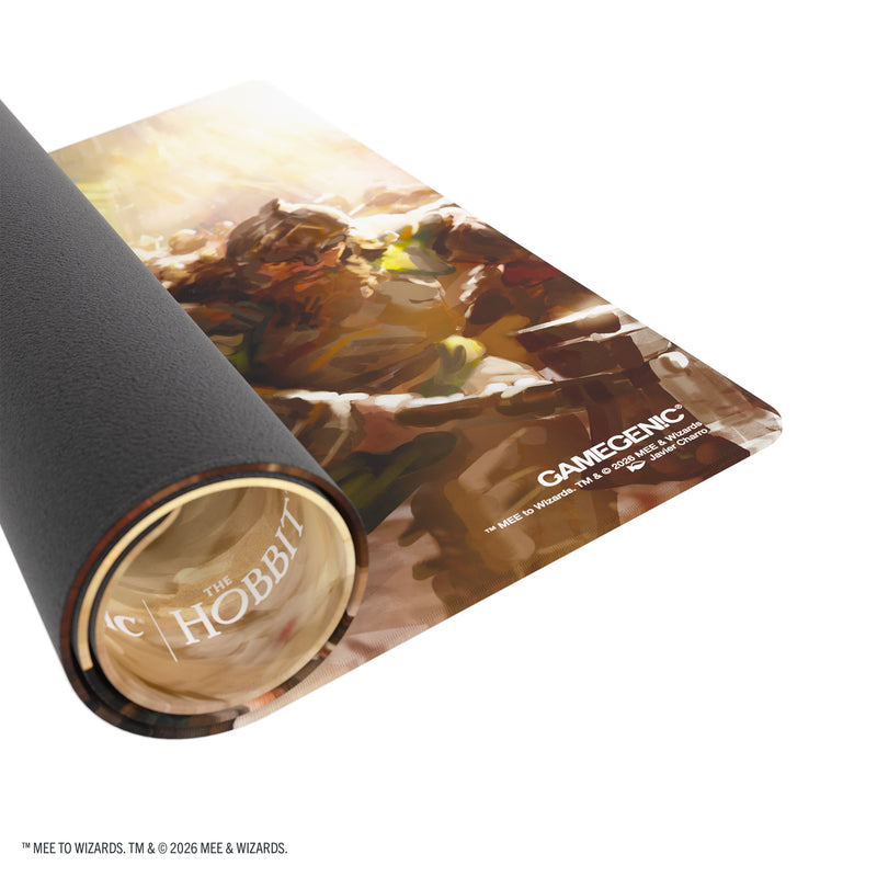 Load image into Gallery viewer, Magic: The Gathering | The Hobbit Prime Playmat - Thorin, Mountain-King - View of partially rolled up playmat. 
