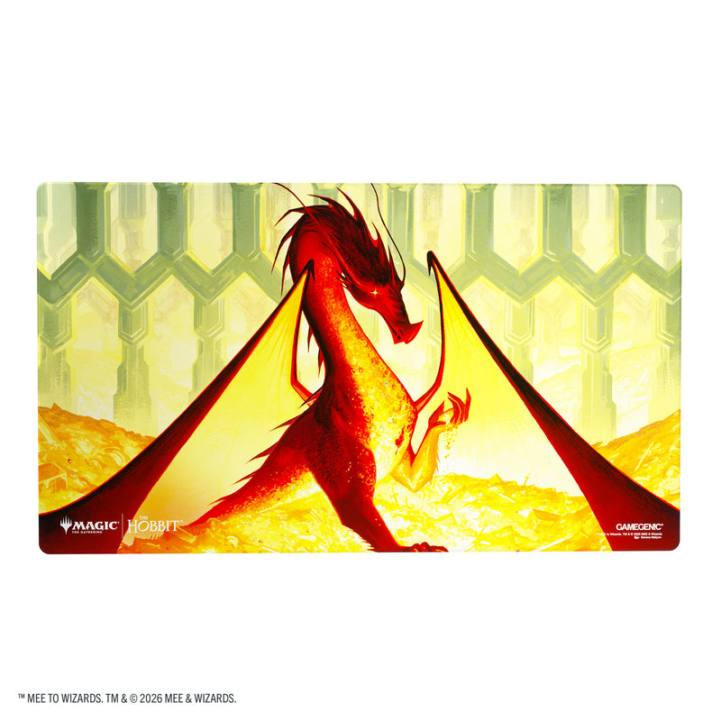 Load image into Gallery viewer, Magic: The Gathering | The Hobbit Shiny Playmat - Smaug the Golden - View of front of playmat featuring art of Smaug sitting in a pile of treasure. 
