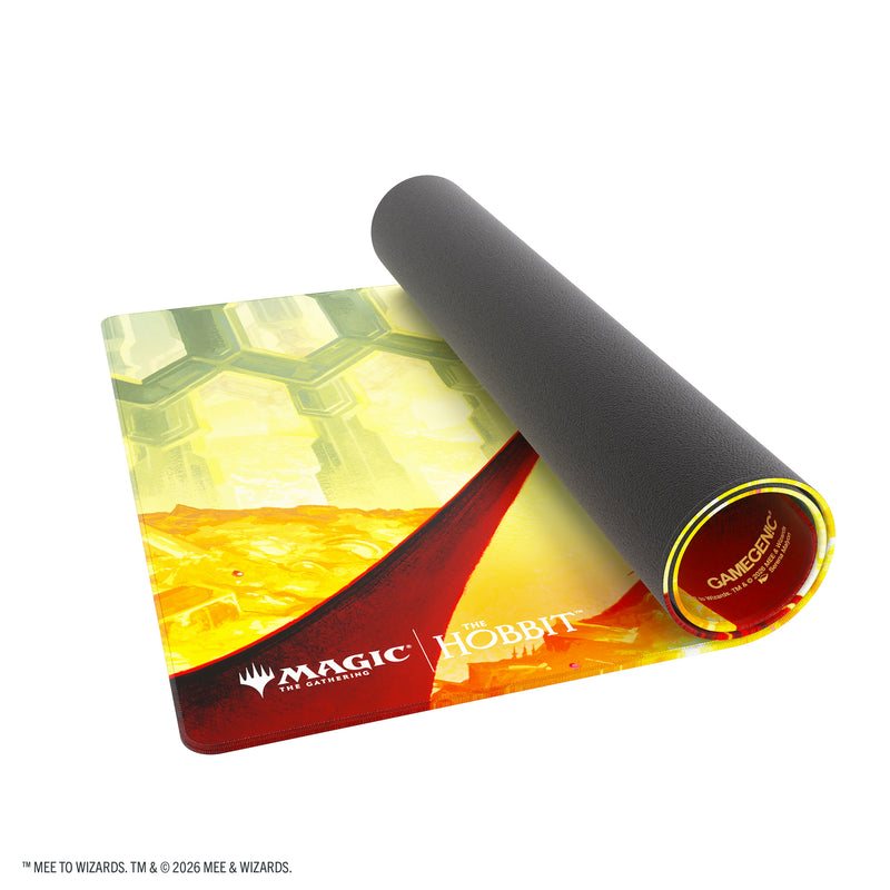 Load image into Gallery viewer, Magic: The Gathering | The Hobbit Shiny Playmat - Smaug the Golden - View of partially rolled up playmat. 

