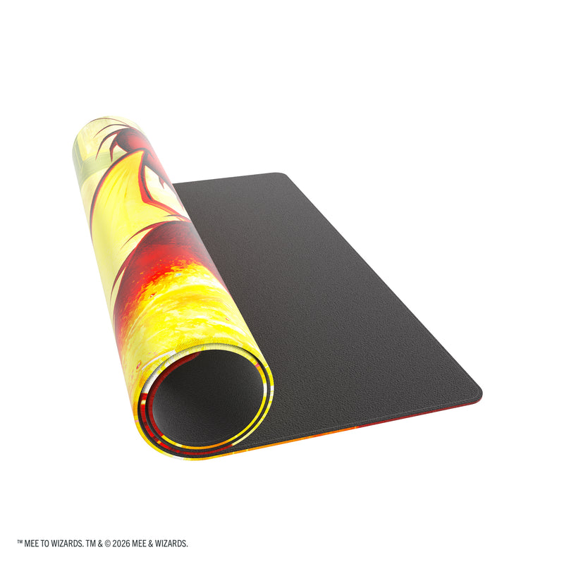 Load image into Gallery viewer, Magic: The Gathering | The Hobbit Shiny Playmat - Smaug the Golden - View of partially rolled up playmat. 
