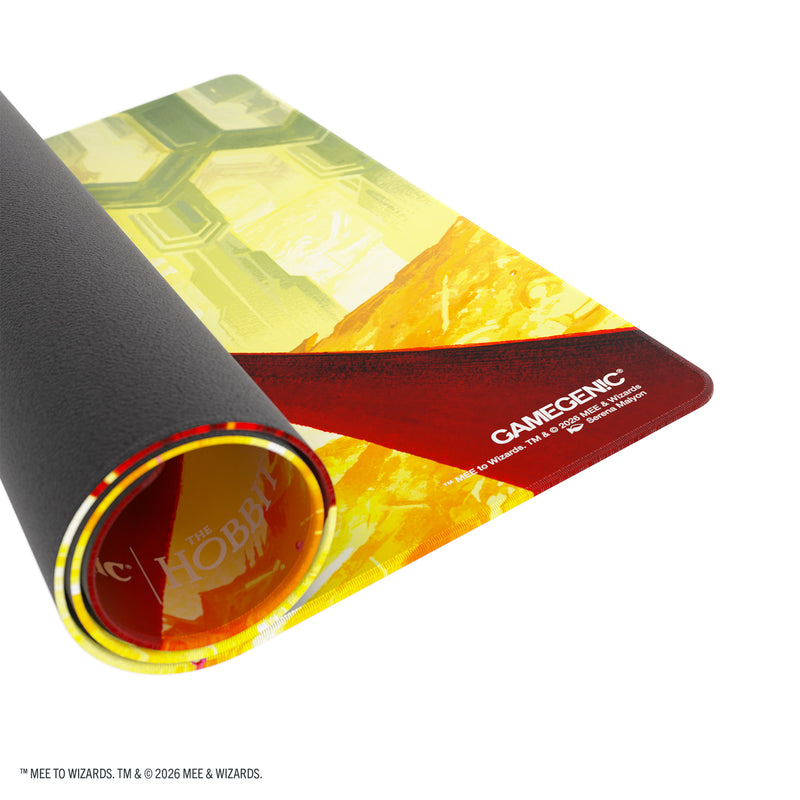 Load image into Gallery viewer, Magic: The Gathering | The Hobbit Shiny Playmat - Smaug the Golden - View of partially rolled up playmat. 
