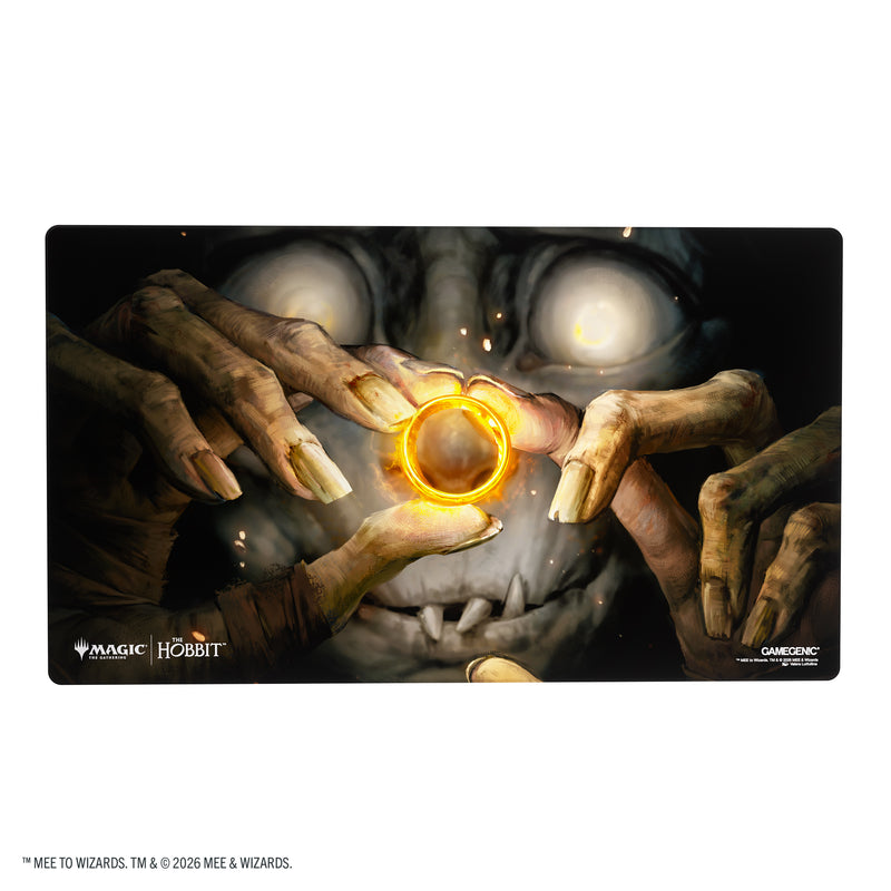 Load image into Gallery viewer, Magic: The Gathering | The Hobbit Shiny Playmat - My Precious - View of front of playmat featuring art of Gollum holding The One Ring. 
