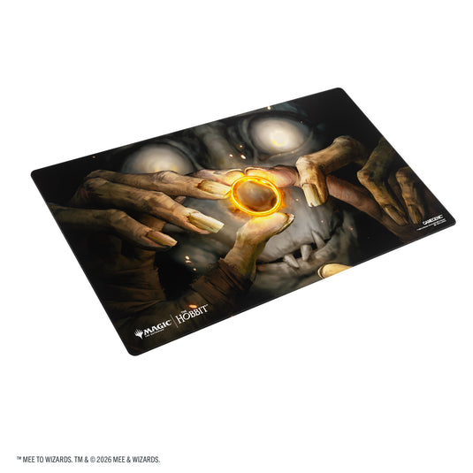 Magic: The Gathering | The Hobbit Shiny Playmat - My Precious - View of front of playmat featuring art of Gollum holding The One Ring. 