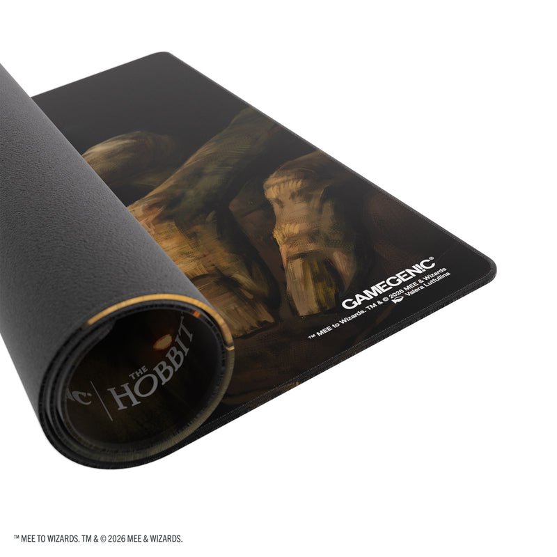 Load image into Gallery viewer, Magic: The Gathering | The Hobbit Shiny Playmat - My Precious - View of partially rolled up playmat.
