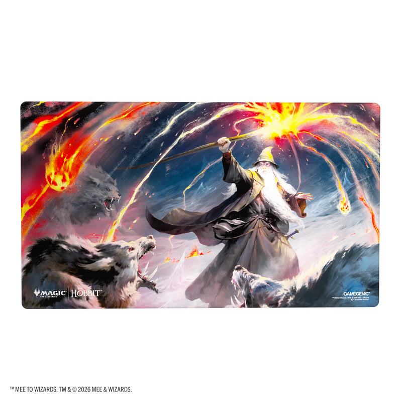 Load image into Gallery viewer, Magic: The Gathering | The Hobbit Shiny Playmat - Gandalf, Shadow's Foe - View of front of playmat featuring art of Gandalf. 
