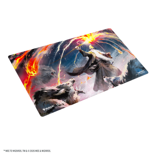 Magic: The Gathering | The Hobbit Shiny Playmat - Gandalf, Shadow's Foe - View of front of playmat featuring art of Gandalf. 