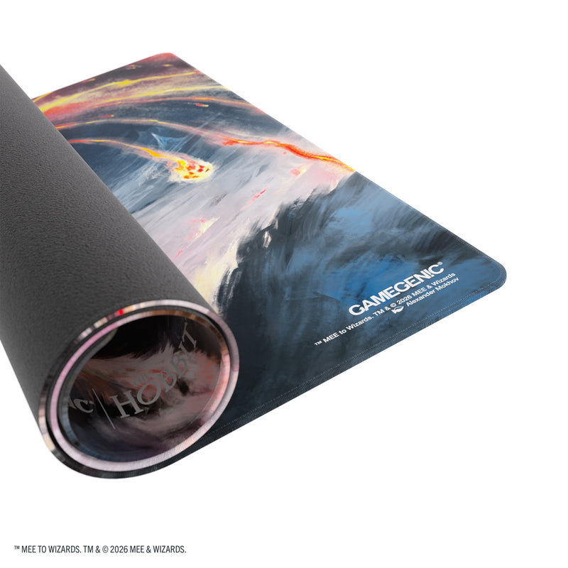 Load image into Gallery viewer, Magic: The Gathering | The Hobbit Shiny Playmat - Gandalf, Shadow's Foe - View of partially rolled up playmat. 
