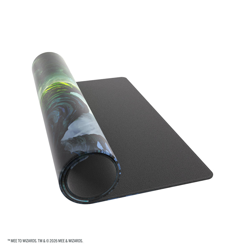 Load image into Gallery viewer, Magic: The Gathering | The Hobbit Shiny Playmat - Mirkwood - View of partially rolled up playmat. 
