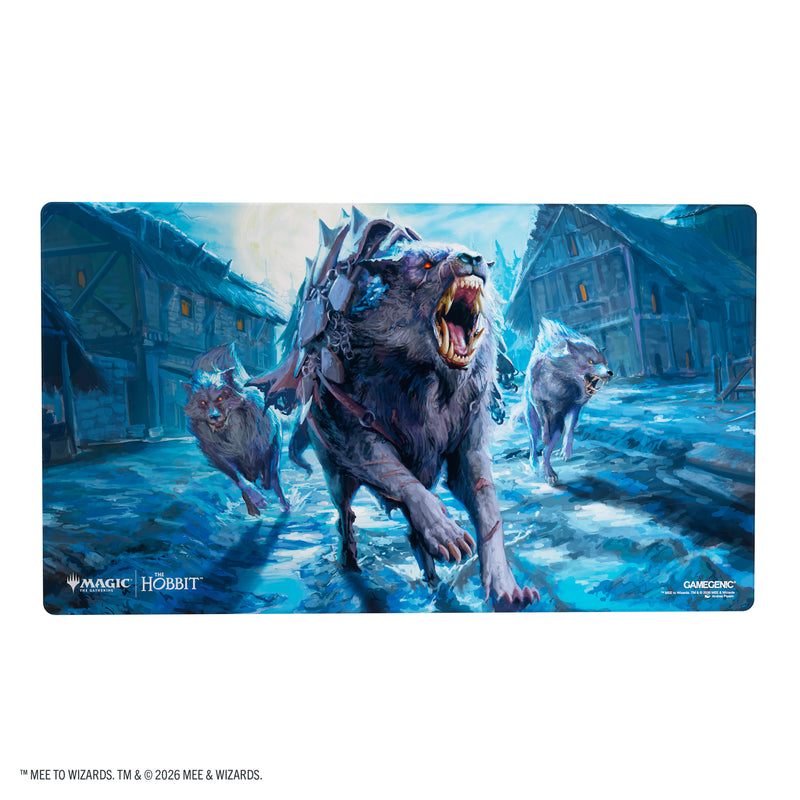 Load image into Gallery viewer, Magic: The Gathering | The Hobbit Shiny Playmat - Head of the Hunt - View of front of playmat featuring art of wolves running through a snowy town. 

