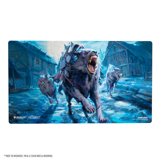 Magic: The Gathering | The Hobbit Shiny Playmat - Head of the Hunt - View of front of playmat featuring art of wolves running through a snowy town. 