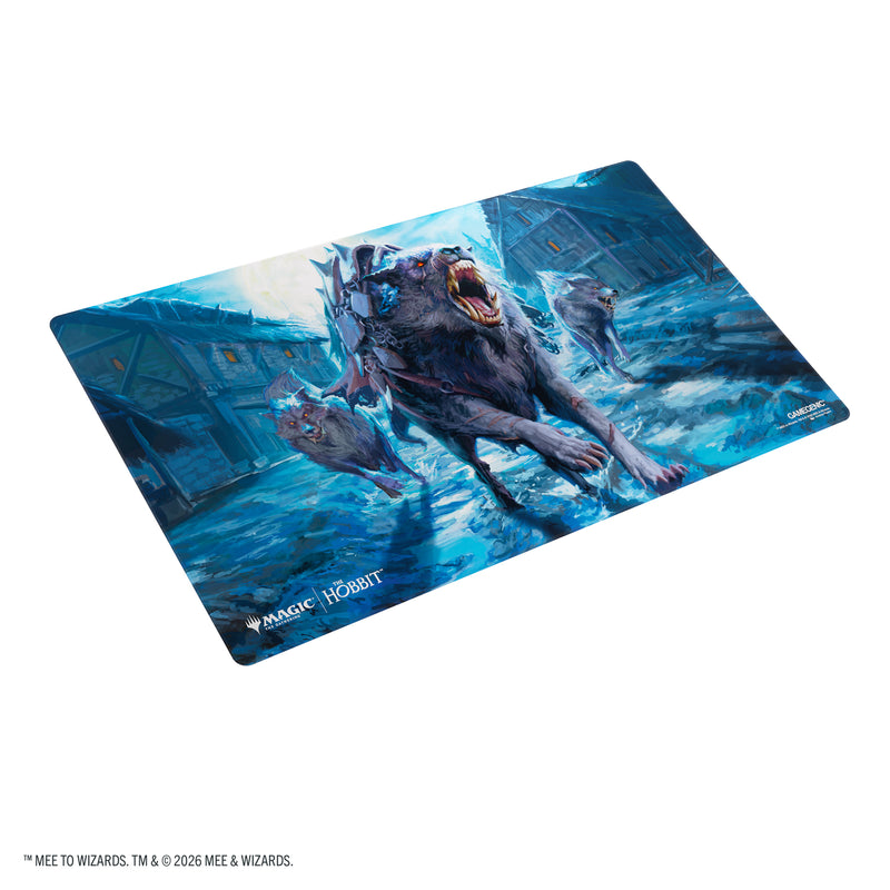 Load image into Gallery viewer, Magic: The Gathering | The Hobbit Shiny Playmat - Head of the Hunt - View of front of playmat featuring art of wolves running through a snowy town. 

