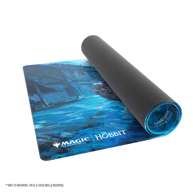 Load image into Gallery viewer, Magic: The Gathering | The Hobbit Shiny Playmat - Head of the Hunt - View of partially rolled up playmat.
